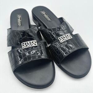 Brighton Tory Black Croc Embossed Patent Leather Slide Sandal Flats 8.5